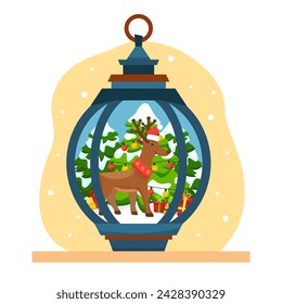 Flat decorated lantern on snowy background with gifts and presents. Vector cartoon festive illustration with cute deer and Christmas tree. Lamp with decor for holiday season greeting card or poster