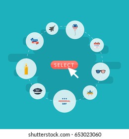 Flat Decoration, Hat, Ribbon And Other Vector Elements. Set Of Memorial Flat Symbols Also Includes Usa, Day, Cap Objects.