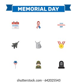 Flat Decoration, History, Military Man And Other Vector Elements. Set Of Day Flat Symbols Also Includes Grave, Memorial, Aircraft Objects.