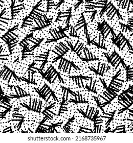 Flat decorative design, in black and white, consisting of pixels and marks. Abstract decoration with dots and fringes. Seamless pattern.