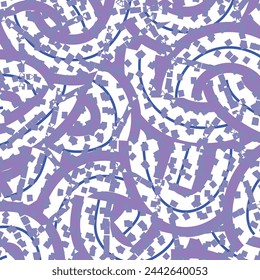 Flat decorative design consisting of some curved lines and small square shapes. Modern textile pattern made in blue and purple on white. Abstract vector seamless.