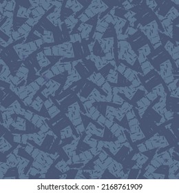 Flat decorative design, dashes, signs and icons drawn in blue in a scattered way. Seamless pattern.