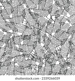 Flat decorative design, a mosaic composed of angular, uneven shapes, mostly marked with hatching. Vector seamless. Graphics in black and white.