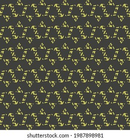 Flat decorative design in yellow and black, with triangles and other motley elements arranged in zigzag.