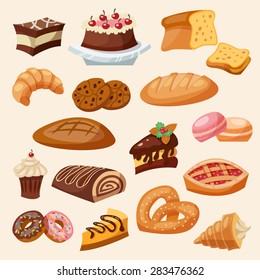 Flat decorative icon pastry and sweets set isolated vector illustration