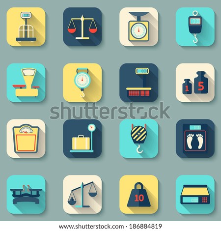 Flat decorative icons set of weight scales tools instruments isolated vector illustration