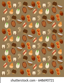 Flat decorative organic food pattern with different sorts of nuts on brown background vector illustration