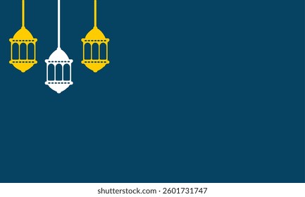 Flat decorative ramadan kareem or eidl fitri celebration with white yellow element in blue background greeting card. Islamic lamp clip art vector illustration
