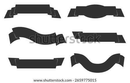 Flat decorative ribbons for banners and text. Black silhouette stripes. Curled elegant tape empty frame. Vintage scrolls for titles. Curve waving shape label. Vector scrapbook heraldic elements set