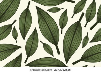 Flat decorative tropical green leaf, sketch style. Vector natural seamless pattern.