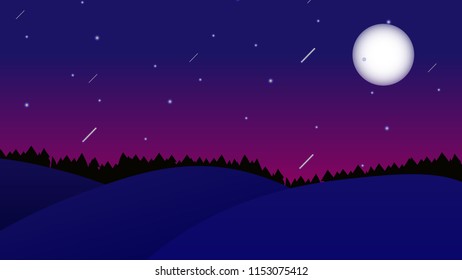 Flat deep night landscape background with falling stars upon the sleeping forest