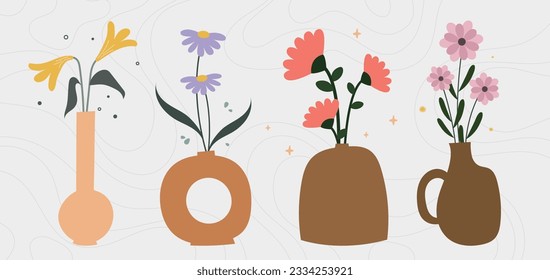 flat deign vector cute colorful vase and flower aesthetic earth color