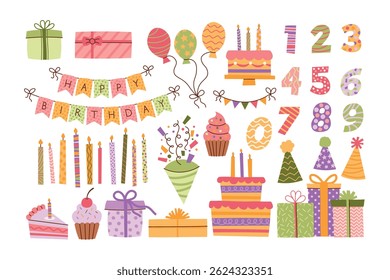 Flat delicate pastel happy birthday elements set. Clapper, candles, cake, balloons, gift boxes, numbers collection. Vector illustrations isolated on white background for greeting cards, scrapbooking