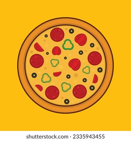 Flat Delicious Pepperoni Pizza Icon Illustration Vector with Olive Tomato