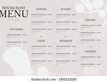 menú de restaurante delicioso y llano. Plantilla de menú del restaurante dibujado a mano. Vector de folleto de restaurante, diseño de menú. Plantilla de vectores con gráfico dibujado a mano. Volante de alimentos.Plantilla de diseño de vectores EPS 10