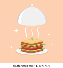 Flat Delicious Sandwich with Serving Tray Vector Illustration