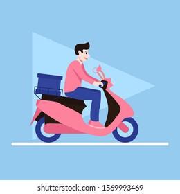 Flat delivery boy on scooter for lifestyle design. Pizza courier. Business express delivery concept. Vector illustration.