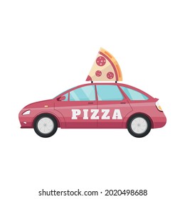 Flat delivery car with artificial piece of pizza vector illustration