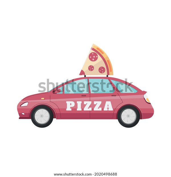 Flat delivery car with artificial piece of\
pizza vector illustration