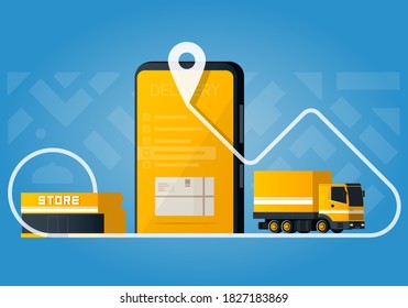 Flat delivery concept with yellow truck and smatphone on map background