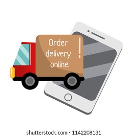 Flat delivery service truck and mobile phone meaning online delivery order for poster, banner, logo, icon of job hunting company or mail delivery system or transportation/ shipping organization