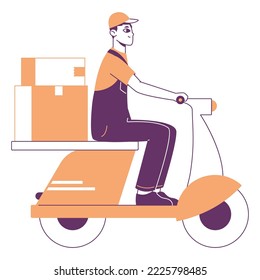 Flat delivery service worker driving scooter. Courier character receiving parcels isolated flat vector illustration on white background