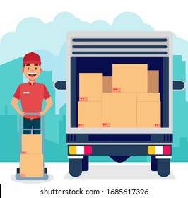 Flat delivery truck in the city vector illustration