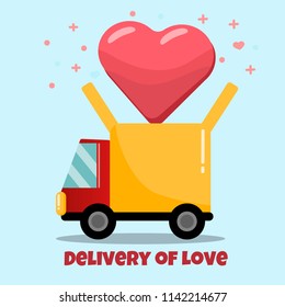 Flat delivery truck with heart flying out of it greeting card, poster, banner, logo, icon. For valentines day or wedding invitation or bridal shower. Nice pink heart and car delivering love