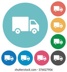 Flat delivery truck icon set on round color background.