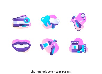 Flat dental icon set with pill, toothpaste, toothbrush, tooth, smile, drill. Concept collection modern symbols for medical clinic, internet, ad, web. Pixel perfect Vector illustration