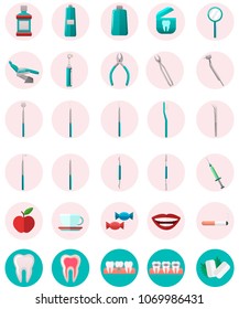 Flat dental icons in circles. Dental care, stomatology and treatment, tools and bad and good habit symbols.Modern flat dentistry icons.