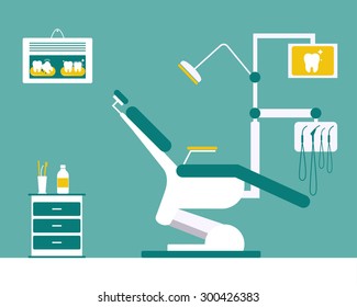 Flat Dentist Office Vector Illustration With Chair, Table And Poster.