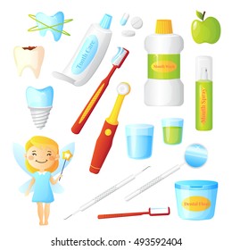 Flat dentist set for dental care hygiene and healthy teeth with tooth fairy and equipment isolated on white background vector illustration