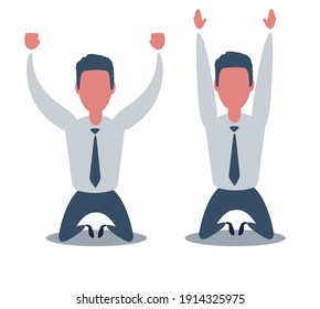 Flat depressed businessman kneeling. Bankruptcy and business failure concept. Set .Vector flat cartoon illustration