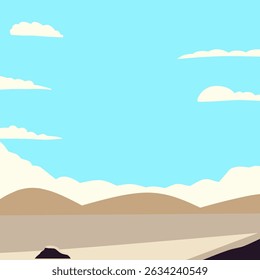 Paisaje desértico plano con montañas y cielo azul brillante. Estilo de Vector minimalista ideal para la naturaleza y los viajes con tonos serenos