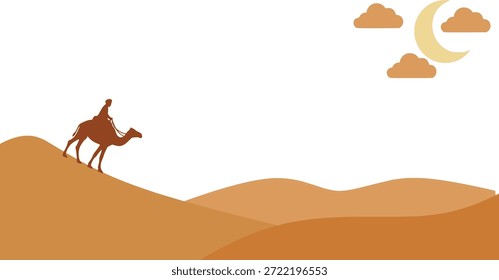 Ilustración de paisaje de desierto plano con dunas simples y silueta de camello con composición limpia y amplio espacio de copia