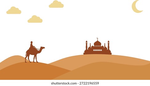 Ilustración de paisaje de desierto plano con dunas simples y silueta de camello con composición limpia y amplio espacio de copia