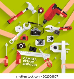 Flat desgn concept rapair camera services. Vector illustrate