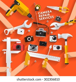 Flat desgn concept rapair camera services. Vector illustrate