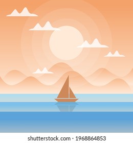 Flat desidn Sea landscape, Nature vector background, landscape with mountains and sun with boat 