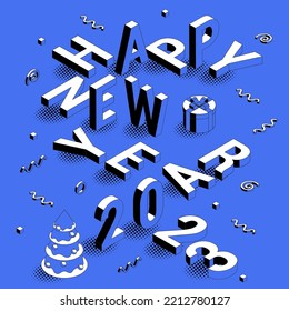 Flat design 2023 Christmas and New Year isometric greeting card, web page, banner and poster template for landing, presentation and mobile app. Black and yellow two color 2023 mock up.
