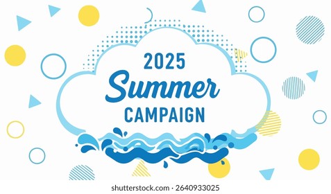 Flat Design "2025 Summer Campaign" Illustration with Cloud, Water, and Geometric Shapes