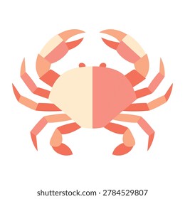A flat design 2D vector illustration of a crab, featuring a clean split-tone geometric style with a solid cream left side and coral pink right side. Isolated on a stark white background.