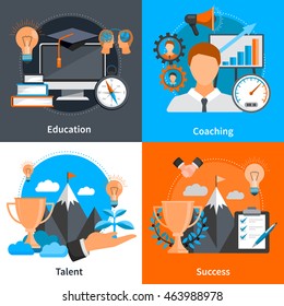 Flat design 2x2 concept icons for mentoring and coaching skills development set isolated vector illustration