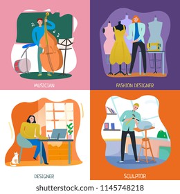 Flat design 2x2 concept with people having various creative professions isolated vector illustration