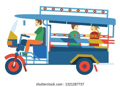 Flat design, 3 wheeled tuk tuk taxi in Laos