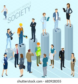 Flat design 3d isometric business infographic  vector template made of chart and business people various style and professions, man and woman, front and back view. People opinion social groups.