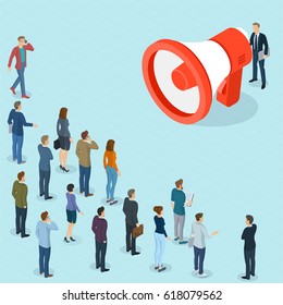 Flat design 3d isometric businessman promoter with loudspeaker talking to crowd.  Megaphone alert promotion and propaganda  vector template.