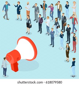 Flat design 3d isometric businessman promoter with loudspeaker talking to crowd.  Megaphone alert promotion and propaganda  vector template.