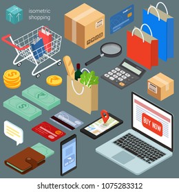 flat design 3d isometric online shopping icons and objects